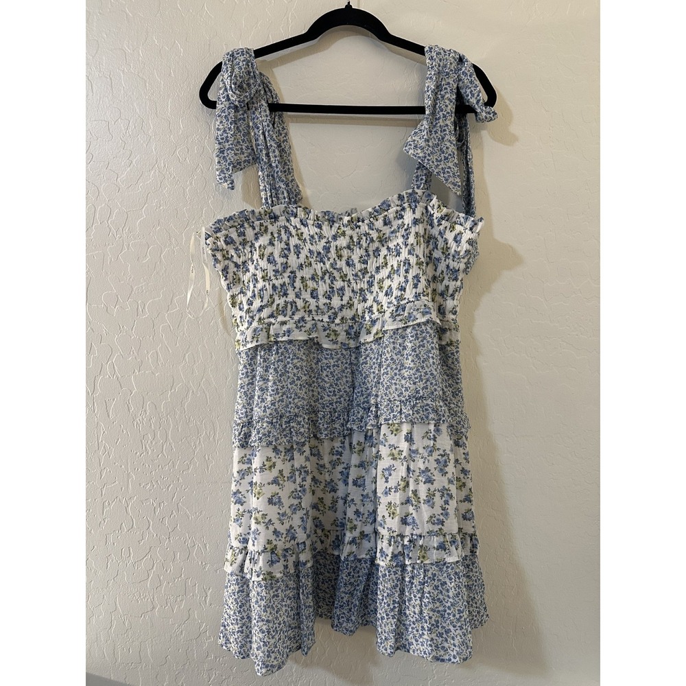 Arula Woman Floral Tiered Coquette Mini Dress Size L Tie Strap Cotttagecore Boho - Picture 6 of 14